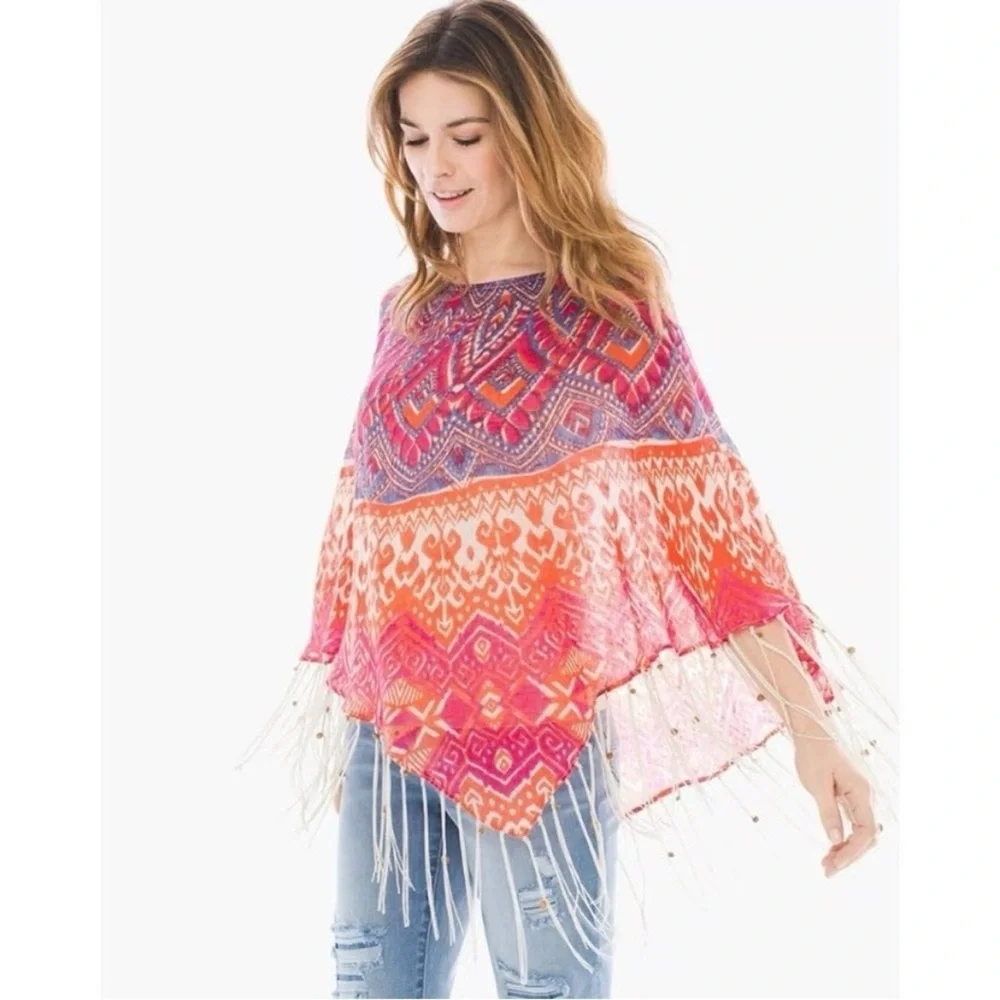 Chico's Phoebe Linen Poncho Multicolor O/S Fringe Lightweight Boho Hipster - Picture 1 of 13